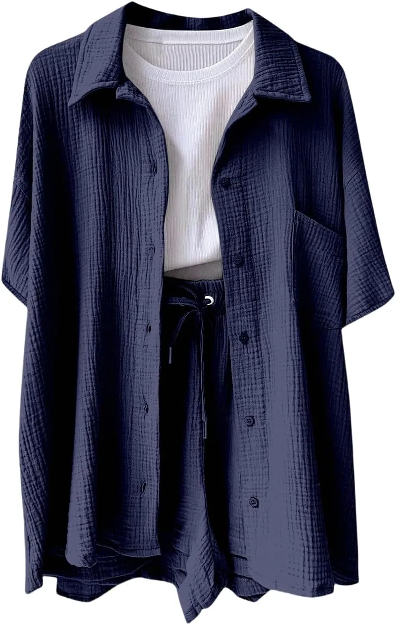 Canbebig 2 Piece Sets for Women Summer Cotton Linen Lounge Set Oversized Shirts and Shorts Tracksuits Loungewear with Pockets