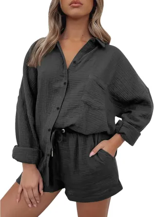 Canbebig 2 Piece Sets for Women Summer Cotton Linen Lounge Set Oversized Shirts and Shorts Tracksuits Loungewear with Pockets
