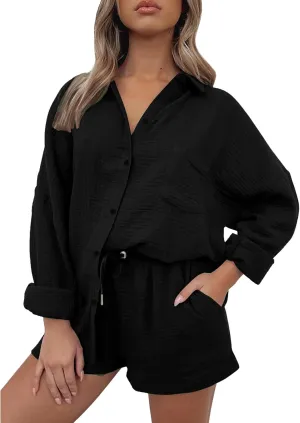 Canbebig 2 Piece Sets for Women Summer Cotton Linen Lounge Set Oversized Shirts and Shorts Tracksuits Loungewear with Pockets