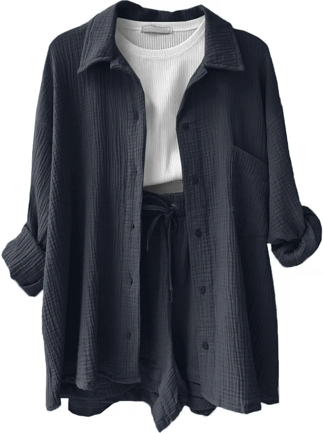 Canbebig 2 Piece Sets for Women Summer Cotton Linen Lounge Set Oversized Shirts and Shorts Tracksuits Loungewear with Pockets