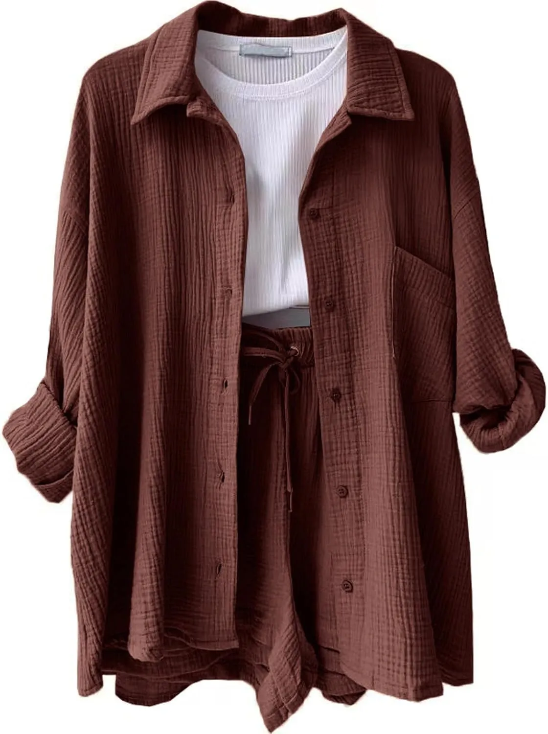 Canbebig 2 Piece Sets for Women Summer Cotton Linen Lounge Set Oversized Shirts and Shorts Tracksuits Loungewear with Pockets