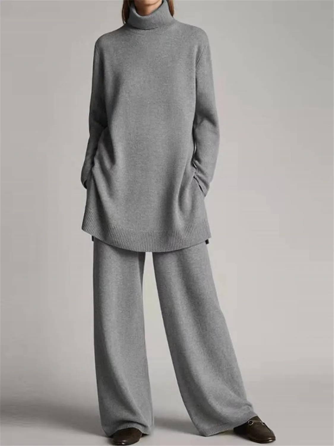 Canbebig Fall Sets Women 2 Piece Outfits Turtleneck Knitted Pullover Top and Wide Leg Pants Sets Lounge Sweatsuits Sets