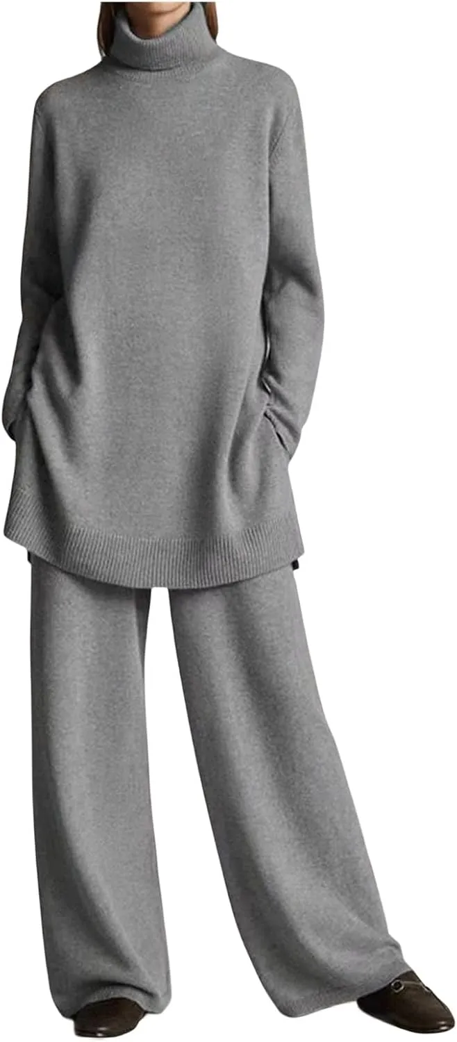 Canbebig Fall Sets Women 2 Piece Outfits Turtleneck Knitted Pullover Top and Wide Leg Pants Sets Lounge Sweatsuits Sets