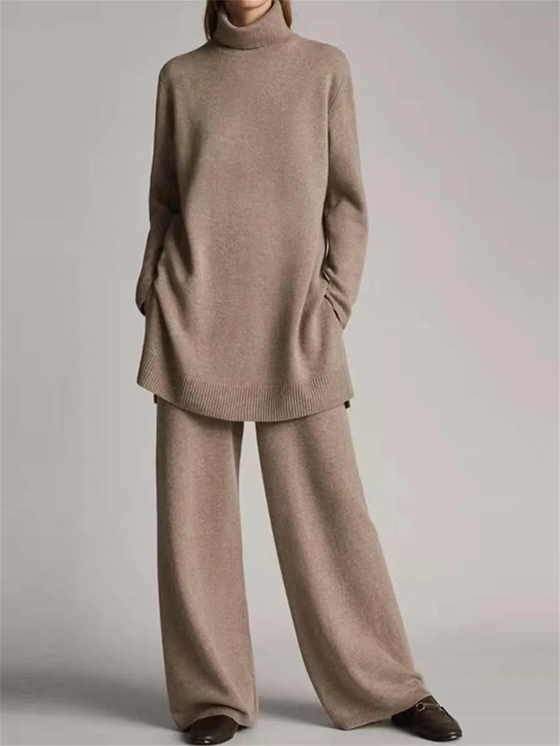Canbebig Fall Sets Women 2 Piece Outfits Turtleneck Knitted Pullover Top and Wide Leg Pants Sets Lounge Sweatsuits Sets
