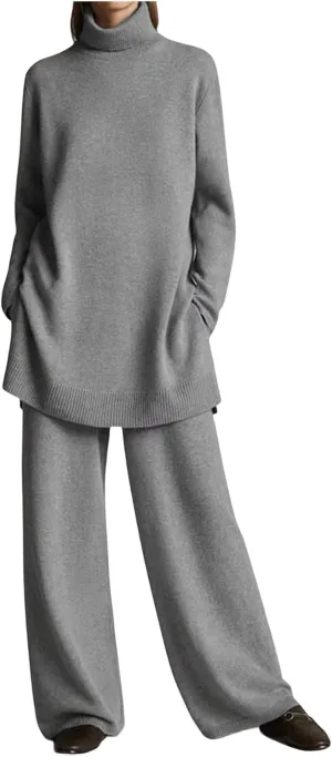 Canbebig Fall Sets Women 2 Piece Outfits Turtleneck Knitted Pullover Top and Wide Leg Pants Sets Lounge Sweatsuits Sets