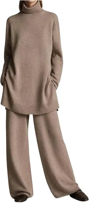 Canbebig Fall Sets Women 2 Piece Outfits Turtleneck Knitted Pullover Top and Wide Leg Pants Sets Lounge Sweatsuits Sets