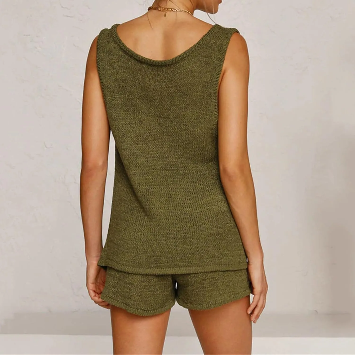 Canbebig Knitted Two Piece Outfit for Women Oversized V Neck Tank Top and Drawstring High Waist Shorts Sets Casual Loungewear