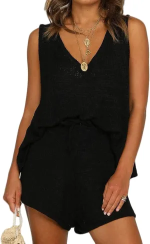 Canbebig Knitted Two Piece Outfit for Women Oversized V Neck Tank Top and Drawstring High Waist Shorts Sets Casual Loungewear