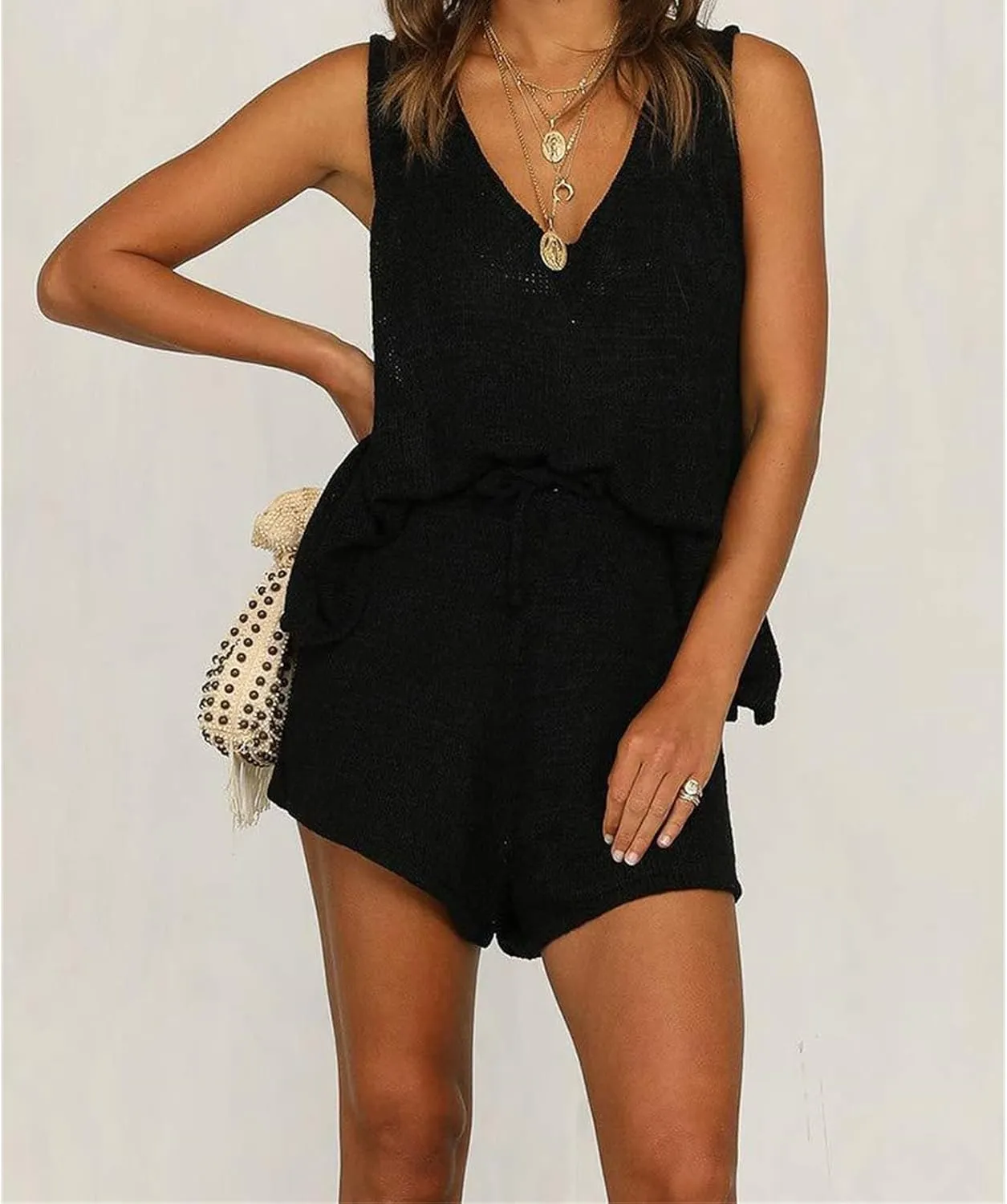 Canbebig Knitted Two Piece Outfit for Women Oversized V Neck Tank Top and Drawstring High Waist Shorts Sets Casual Loungewear