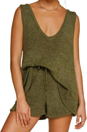 Canbebig Knitted Two Piece Outfit for Women Oversized V Neck Tank Top and Drawstring High Waist Shorts Sets Casual Loungewear