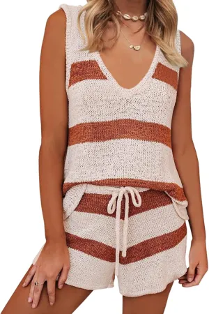 Canbebig Knitted Two Piece Outfit for Women Oversized V Neck Tank Top and Drawstring High Waist Shorts Sets Casual Loungewear