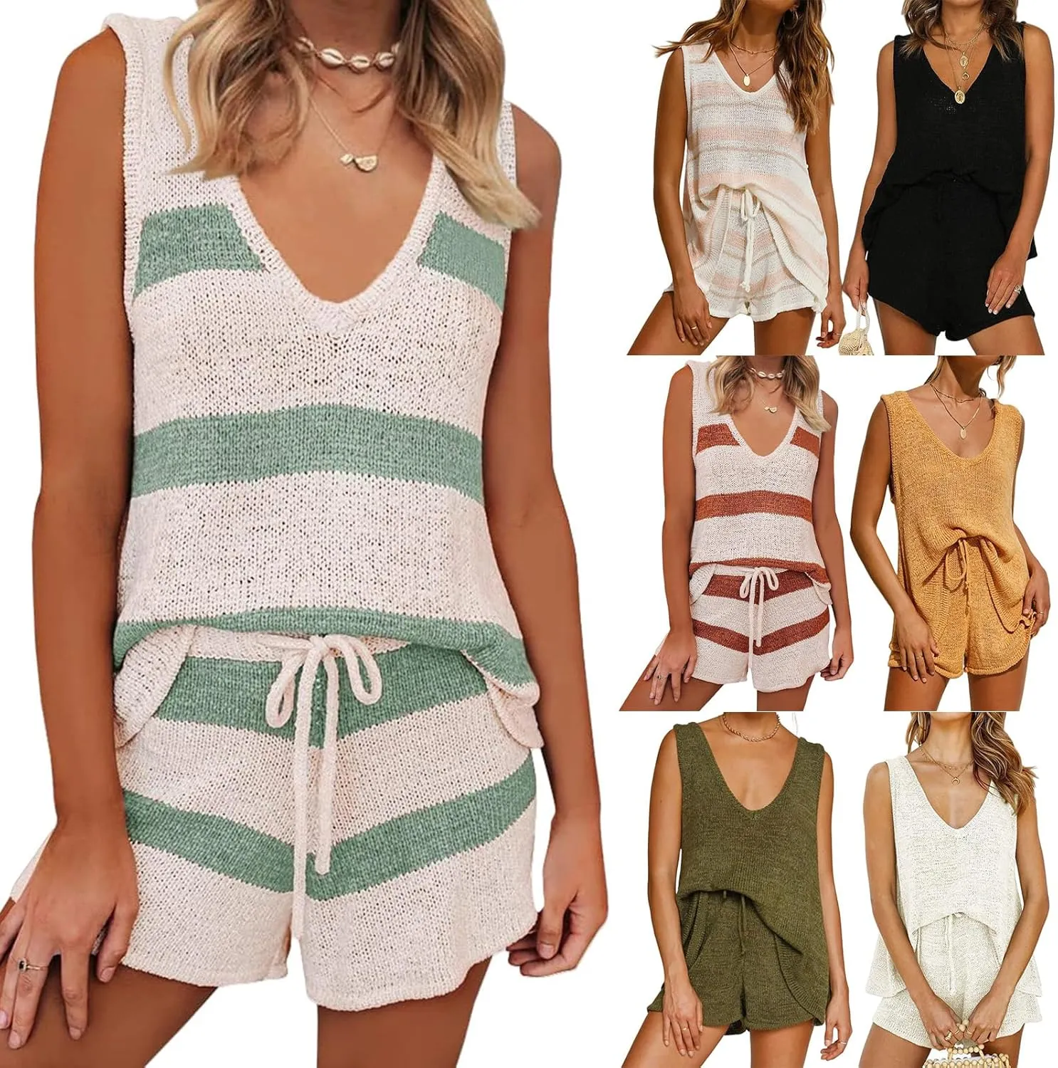 Canbebig Knitted Two Piece Outfit for Women Oversized V Neck Tank Top and Drawstring High Waist Shorts Sets Casual Loungewear