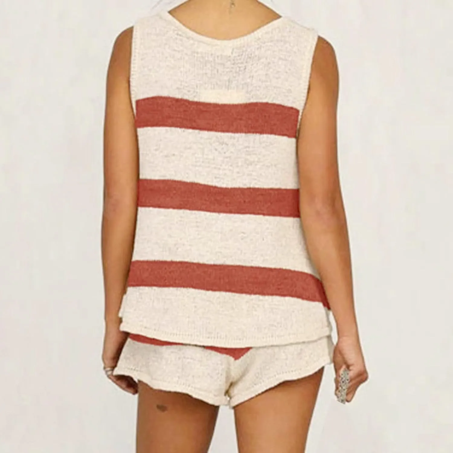 Canbebig Knitted Two Piece Outfit for Women Oversized V Neck Tank Top and Drawstring High Waist Shorts Sets Casual Loungewear