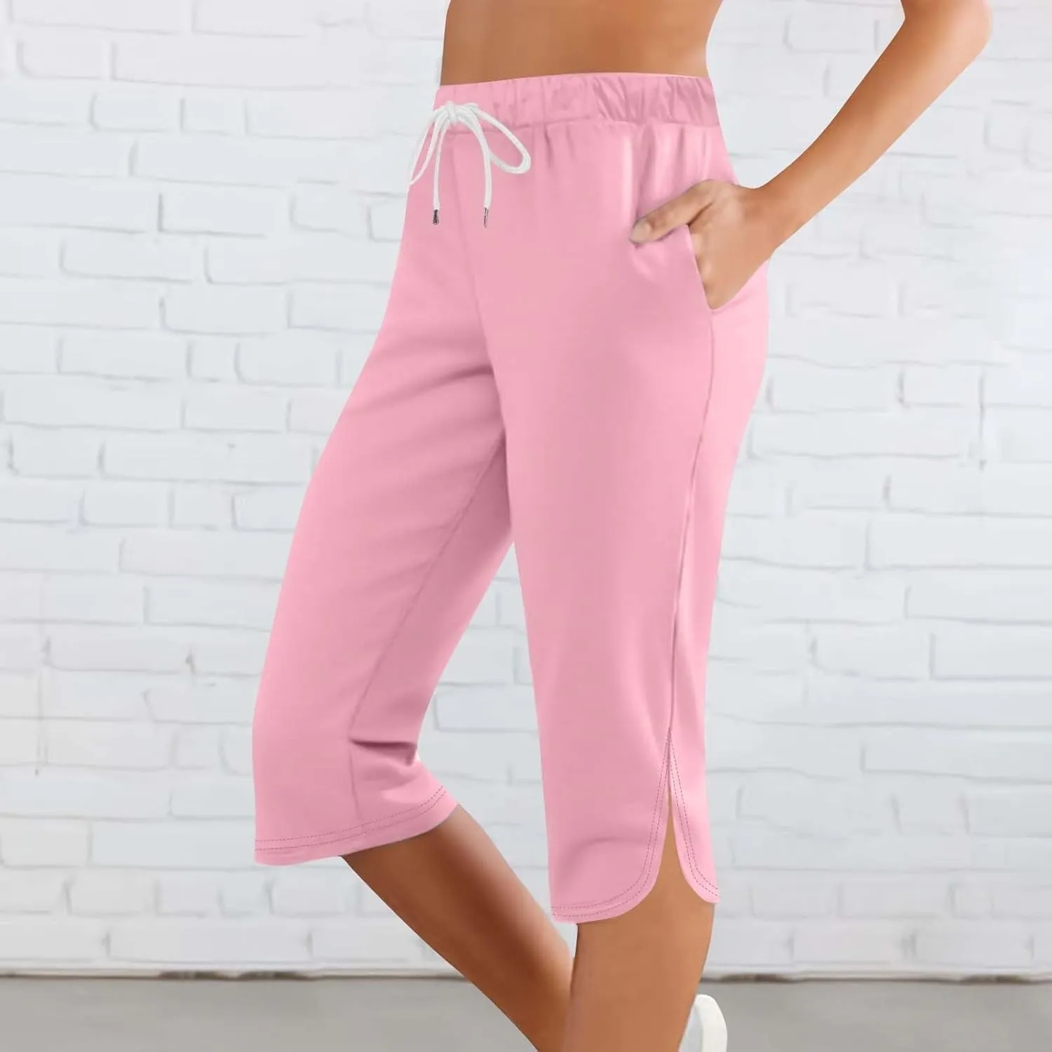 Capri Pants for Women Summer Lightweight Drawstring Elastic Waist Workout Split Hem Stretch Comfy Gym Yoga Shorts