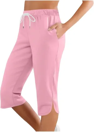 Capri Pants for Women Summer Lightweight Drawstring Elastic Waist Workout Split Hem Stretch Comfy Gym Yoga Shorts