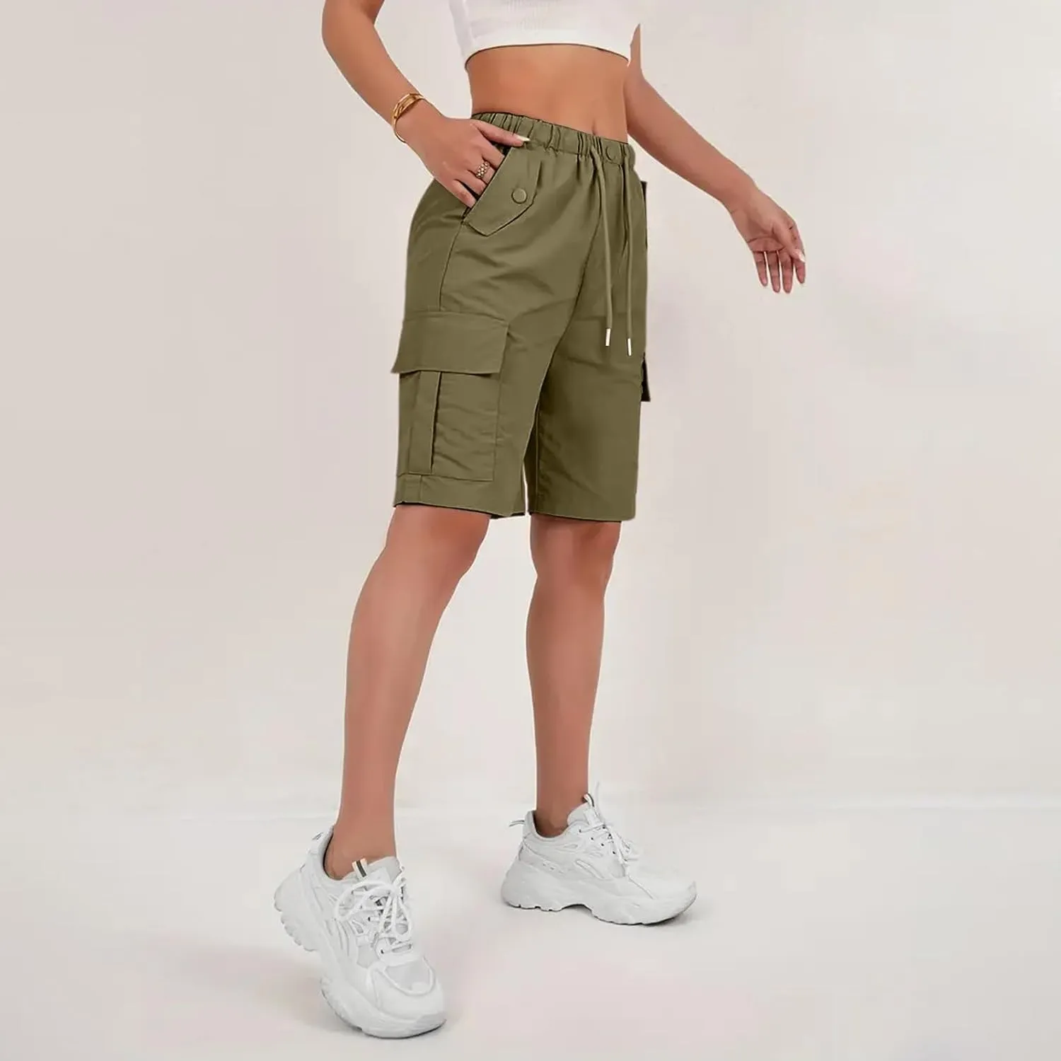 Cargo Shorts for Women Knee Length Elastic High Waisted Bermuda Shorts Casual Drawstring Quick Dry Hiking Short w/Pockets