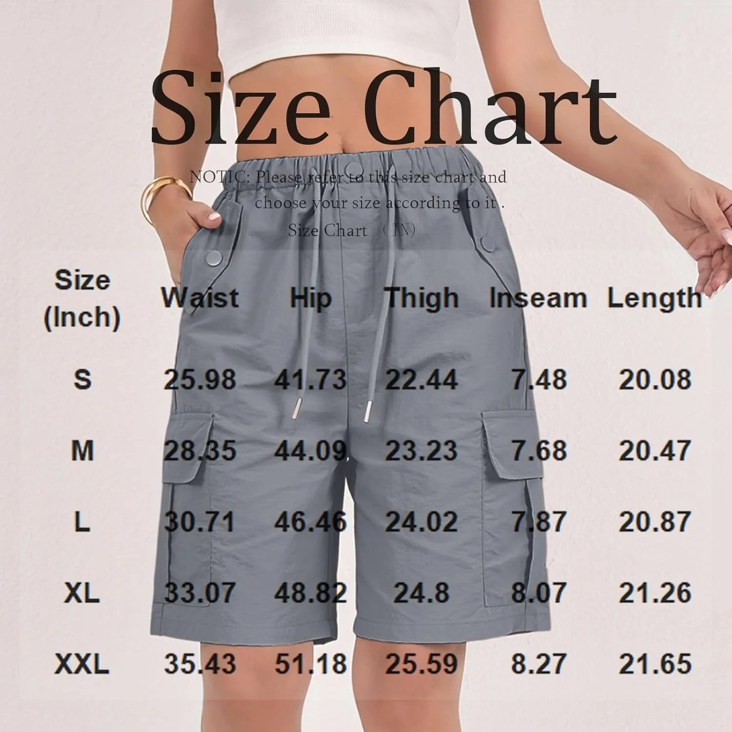 Cargo Shorts for Women Knee Length Elastic High Waisted Bermuda Shorts Casual Drawstring Quick Dry Hiking Short w/Pockets