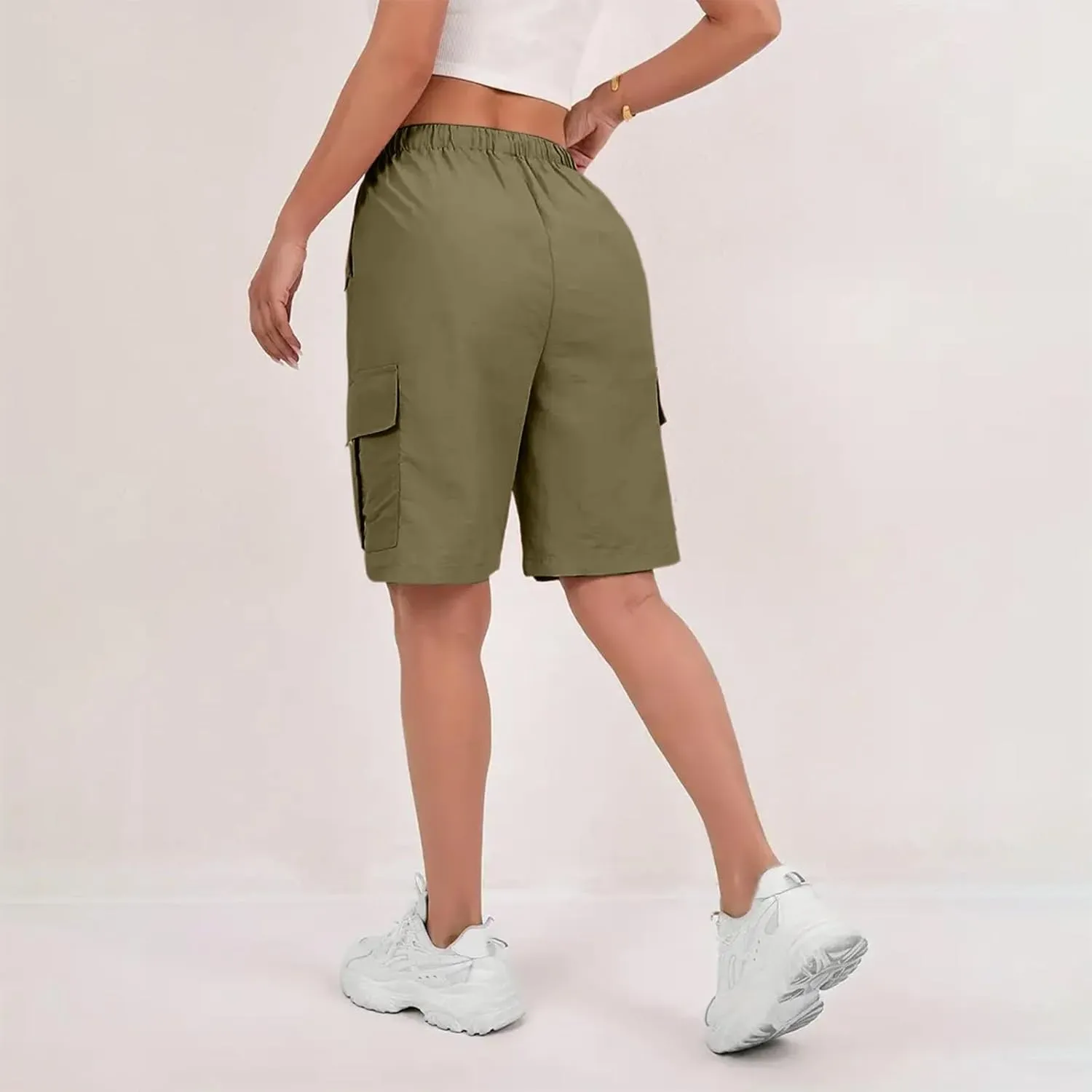 Cargo Shorts for Women Knee Length Elastic High Waisted Bermuda Shorts Casual Drawstring Quick Dry Hiking Short w/Pockets
