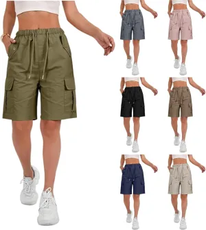 Cargo Shorts for Women Knee Length Elastic High Waisted Bermuda Shorts Casual Drawstring Quick Dry Hiking Short w/Pockets