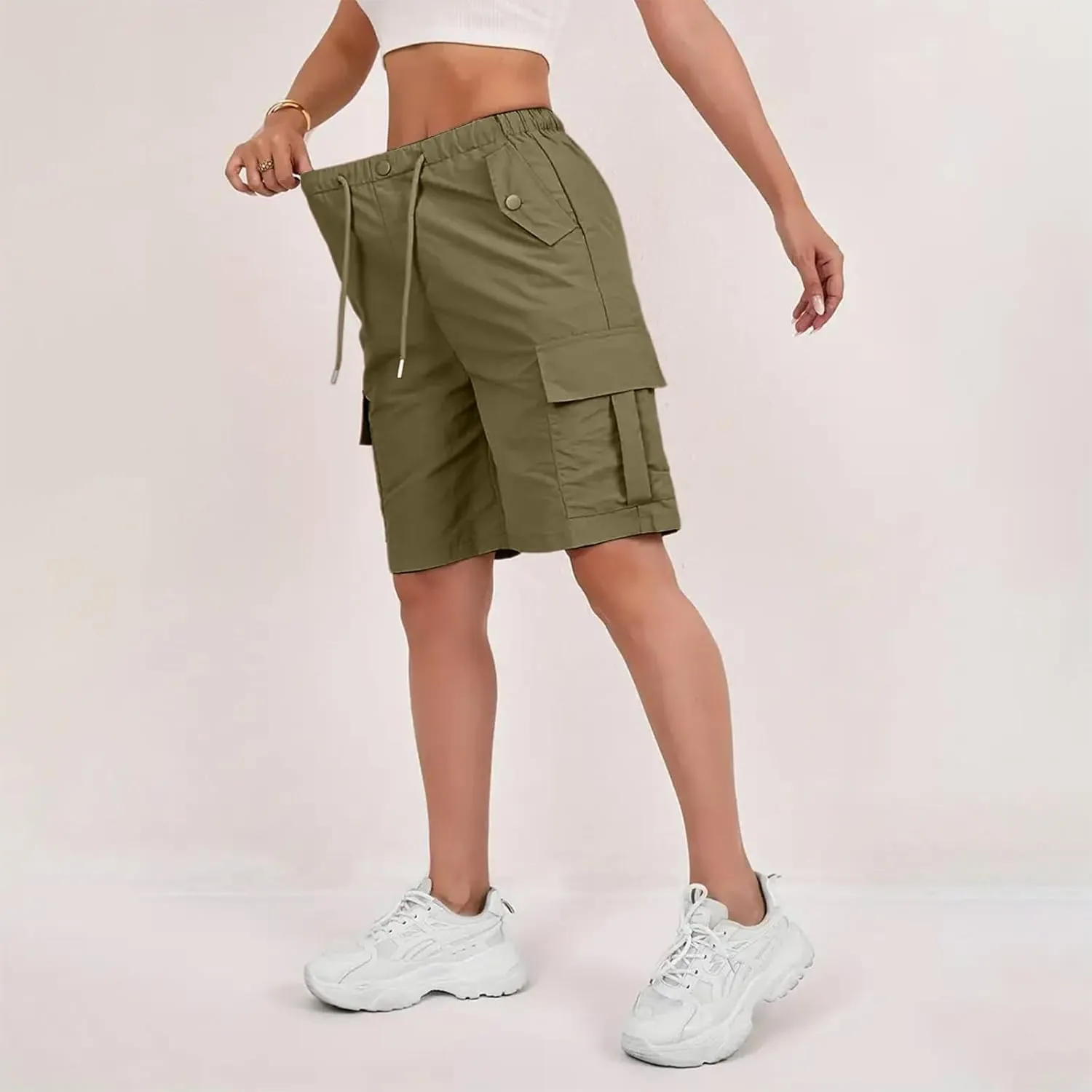 Cargo Shorts for Women Knee Length Elastic High Waisted Bermuda Shorts Casual Drawstring Quick Dry Hiking Short w/Pockets