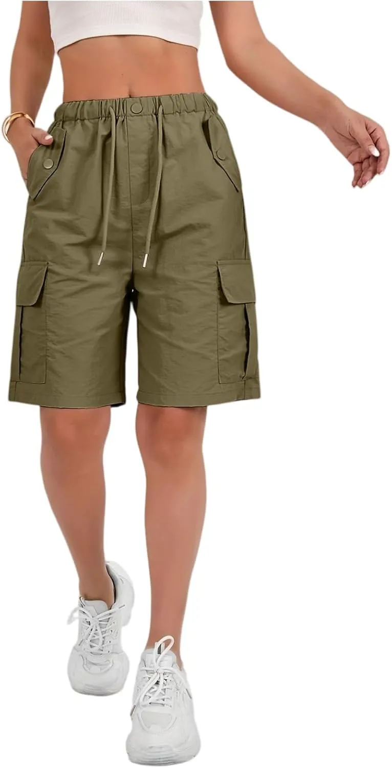 Cargo Shorts for Women Knee Length Elastic High Waisted Bermuda Shorts Casual Drawstring Quick Dry Hiking Short w/Pockets