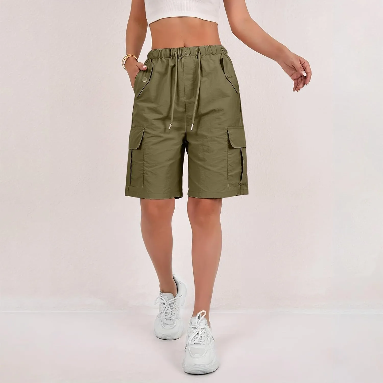 Cargo Shorts for Women Knee Length Elastic High Waisted Bermuda Shorts Casual Drawstring Quick Dry Hiking Short w/Pockets