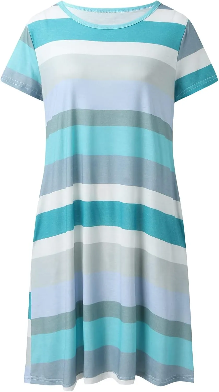 Casual Dresses for Women Short Sleeve Crew Neck T Shirt Dress with Pockets Loose Striped Color Block Summer Dresses