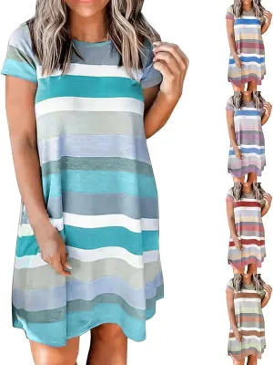 Casual Dresses for Women Short Sleeve Crew Neck T Shirt Dress with Pockets Loose Striped Color Block Summer Dresses