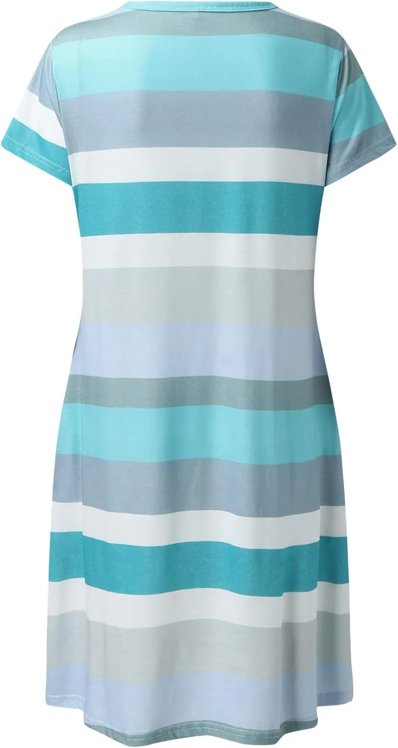 Casual Dresses for Women Short Sleeve Crew Neck T Shirt Dress with Pockets Loose Striped Color Block Summer Dresses