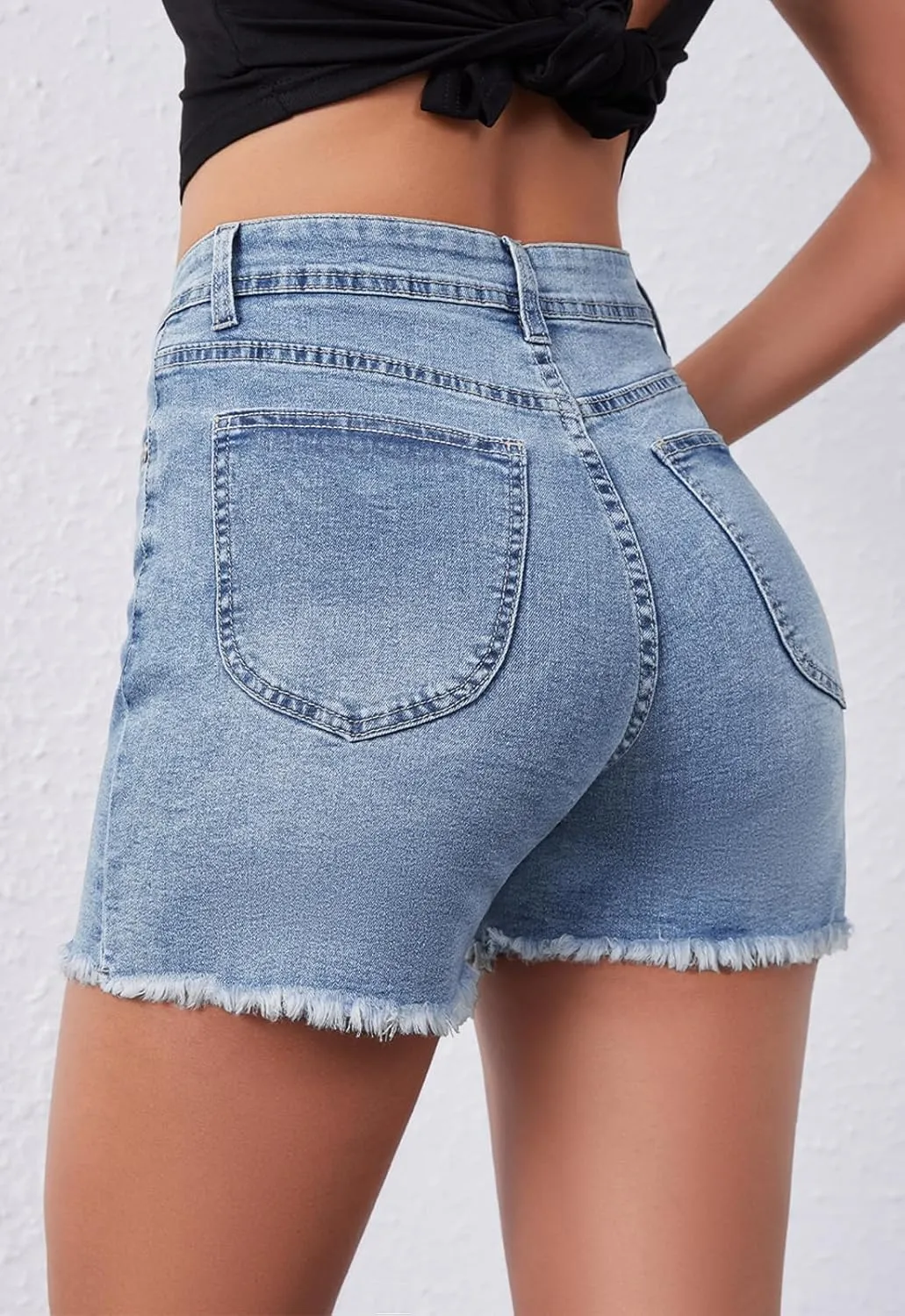 Casual Jean Shorts for Women High Rise Frayed Raw Hem Stretchy Denim Shorts with Pockets