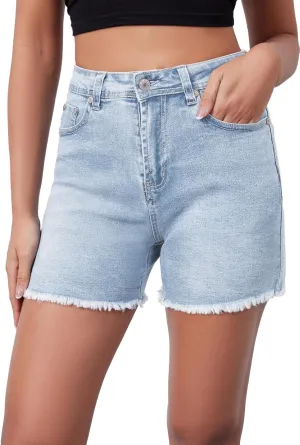 Casual Jean Shorts for Women High Rise Frayed Raw Hem Stretchy Denim Shorts with Pockets