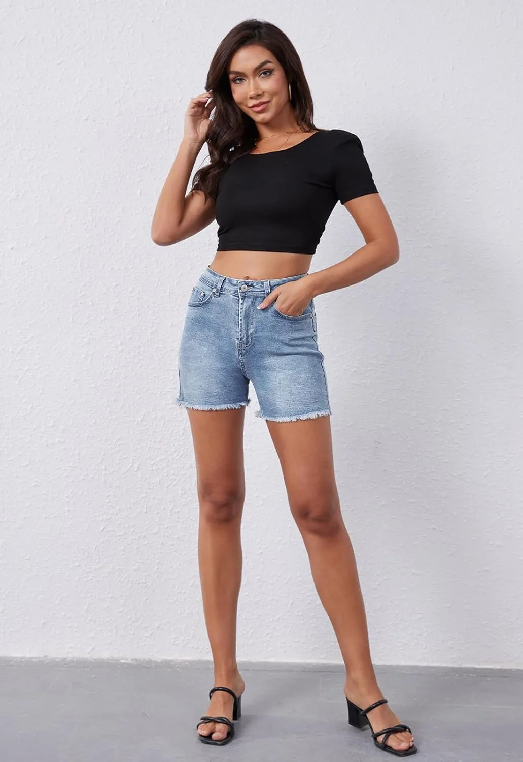 Casual Jean Shorts for Women High Rise Frayed Raw Hem Stretchy Denim Shorts with Pockets