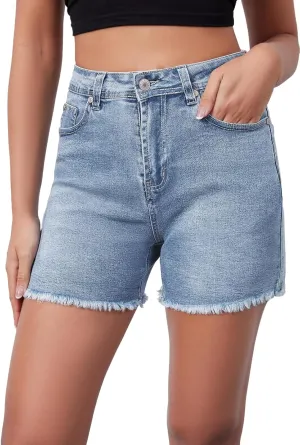 Casual Jean Shorts for Women High Rise Frayed Raw Hem Stretchy Denim Shorts with Pockets