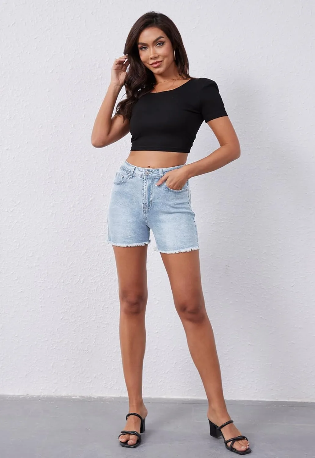 Casual Jean Shorts for Women High Rise Frayed Raw Hem Stretchy Denim Shorts with Pockets