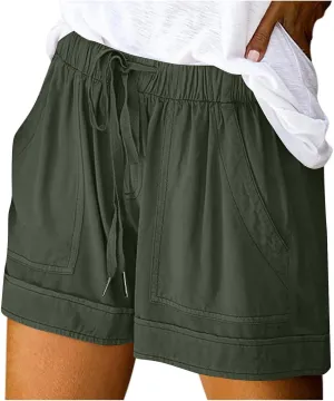 Casual Shorts for Women Trendy Drawstring Elastic Waist Cotton Shorts with Pockets Loose Fit Beach Summer Outfits