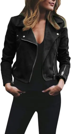 Cdiecer Women's Faux Suede Motocross Jacket Zipped Notch Collar Moto Biker Jacket Lightweight Solid Fitted Slim Coat
