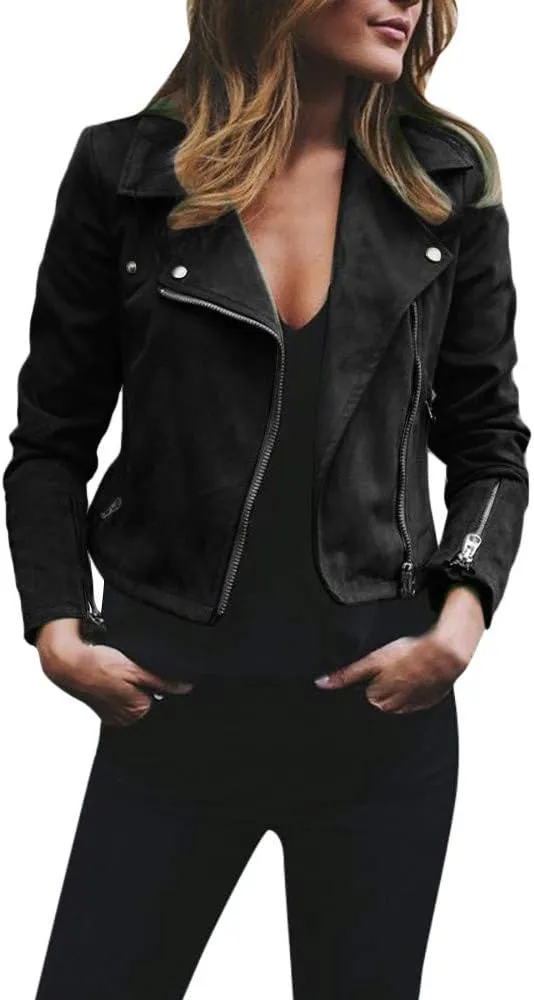 Cdiecer Women's Faux Suede Motocross Jacket Zipped Notch Collar Moto Biker Jacket Lightweight Solid Fitted Slim Coat