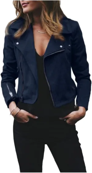 Cdiecer Women's Faux Suede Motocross Jacket Zipped Notch Collar Moto Biker Jacket Lightweight Solid Fitted Slim Coat