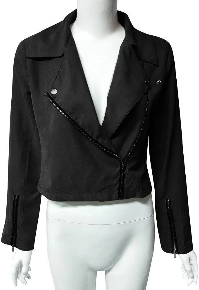 Cdiecer Women's Faux Suede Motocross Jacket Zipped Notch Collar Moto Biker Jacket Lightweight Solid Fitted Slim Coat