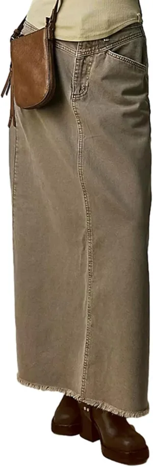 CHARTOU Women Maxi Long Jean Skirt Cargo Frayed Split Up A Line Denim Skirt Straight Streetwear