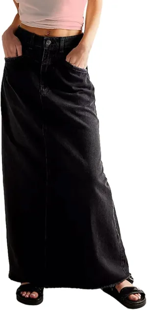 CHARTOU Women Maxi Long Jean Skirt Cargo Frayed Split Up A Line Denim Skirt Straight Streetwear