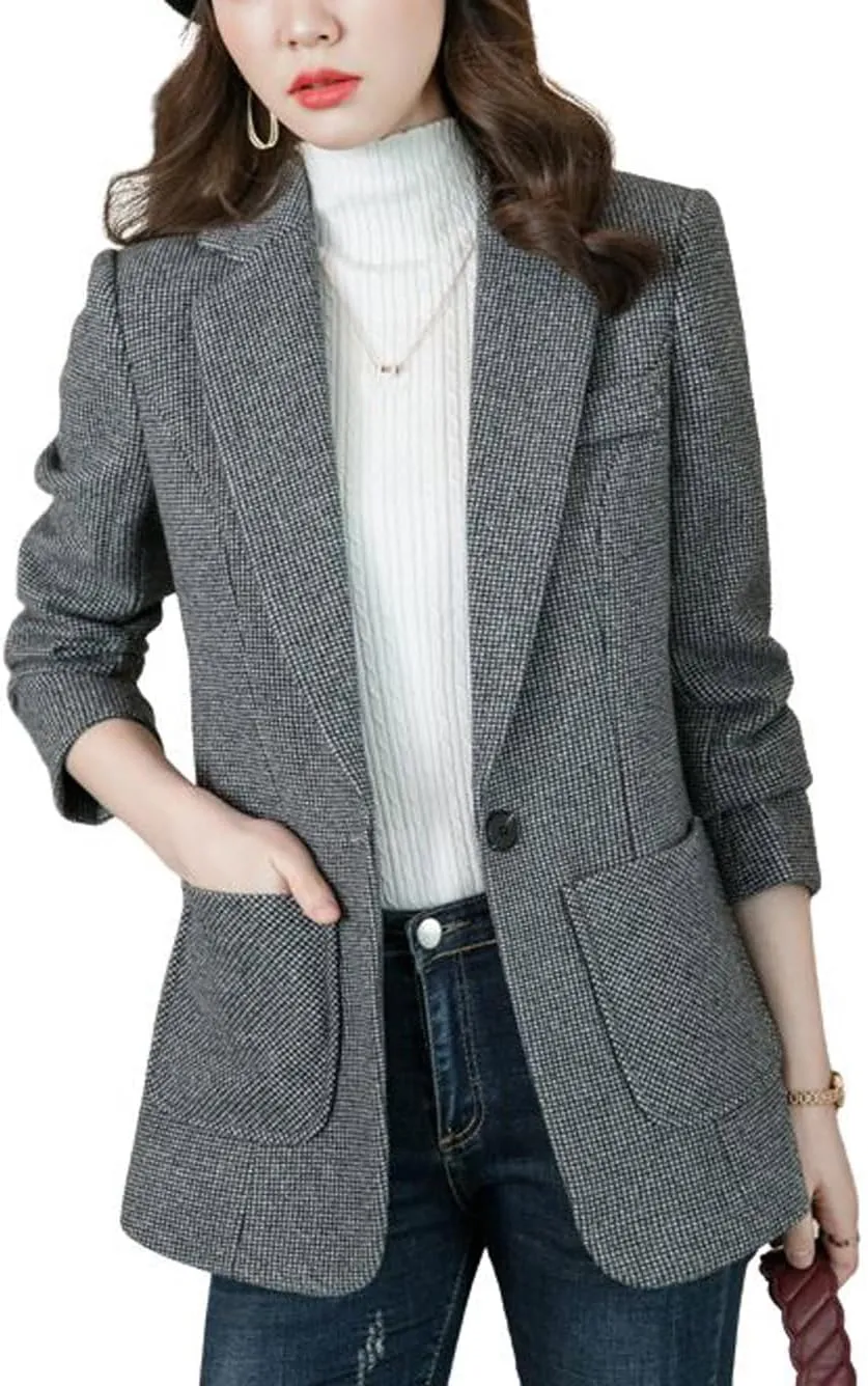 CHARTOU Women's Winter Thicken Office Plaid Wool Blend 1 Button Tailored Suit Blazer Jacket