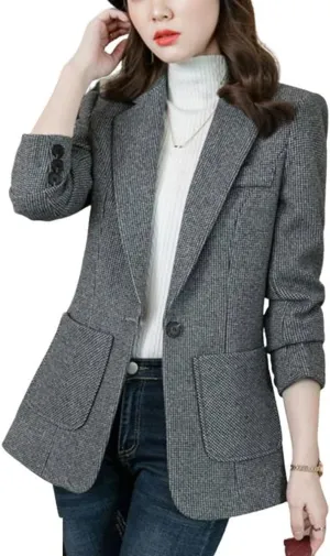 CHARTOU Women's Winter Thicken Office Plaid Wool Blend 1 Button Tailored Suit Blazer Jacket