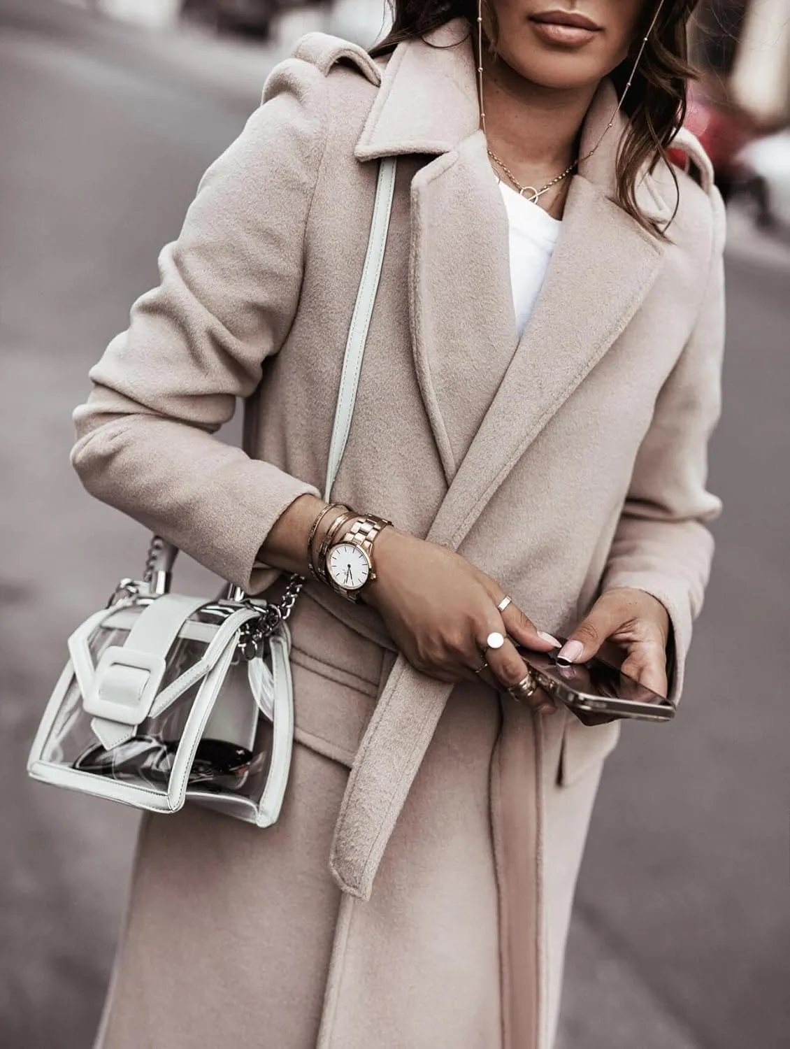 CHARTOU Women's Wool Blend Wrap Coat Classic Tailored Collar Woolen Overcoat with Belt