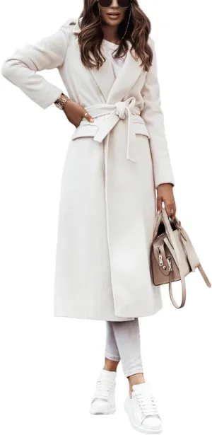 CHARTOU Women's Wool Blend Wrap Coat Classic Tailored Collar Woolen Overcoat with Belt