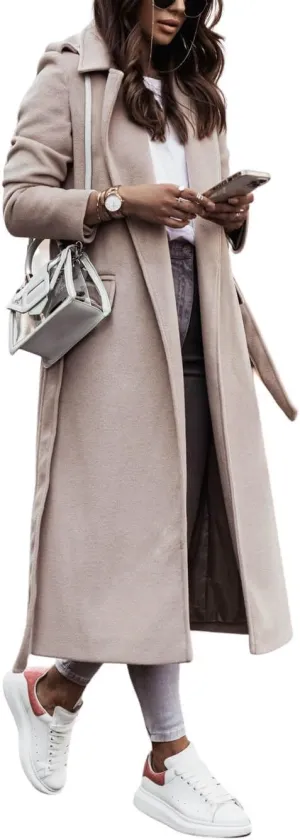 CHARTOU Women's Wool Blend Wrap Coat Classic Tailored Collar Woolen Overcoat with Belt