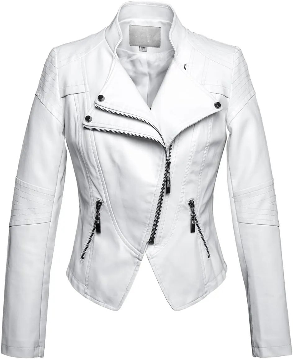 chouyatou Women's Fashion Tailored Zip-Up Faux Leather Quilted Racer Jacket