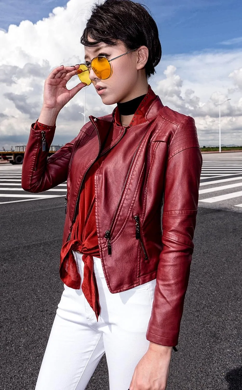 chouyatou Women's Fashion Tailored Zip-Up Faux Leather Quilted Racer Jacket