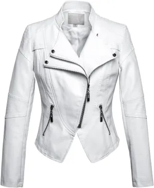 chouyatou Women's Fashion Tailored Zip-Up Faux Leather Quilted Racer Jacket