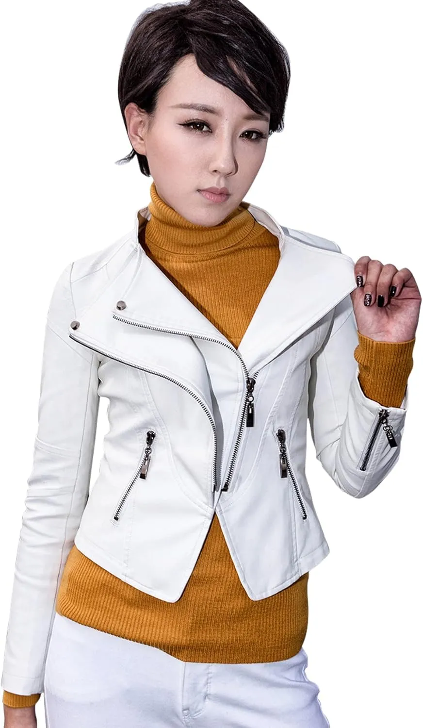 chouyatou Women's Fashion Tailored Zip-Up Faux Leather Quilted Racer Jacket